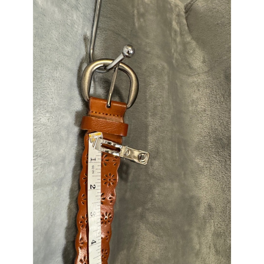 Cognac Brown Scalloped Floral Cutout Belt Silver Buckle 2XL Leather‎ Lining - Picture 11 of 12